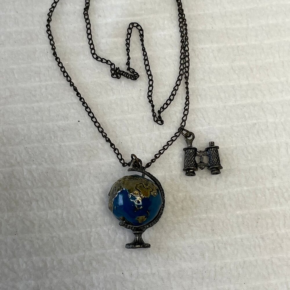 Steampunk Enamel Globe & Binocular Charm Pendant World Traveler Necklace